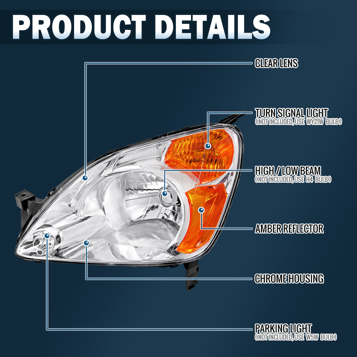 2002-2004 Honda CR-V  Replacement Halogen Headlights Assembly Pair | Chrome