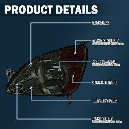Ronnin - Compatible con Honda CR-V 2002-2004 Par de Conjuntos de Faros Delanteros de Halógeno de Repuesto | Ahumado