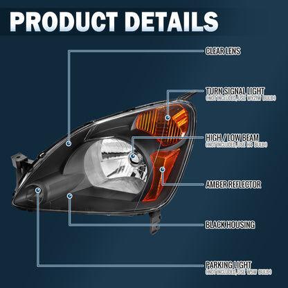 Ronnin - Faros delanteros halógenos de repuesto para Honda CR-V 2002-2004 | Par | Negro