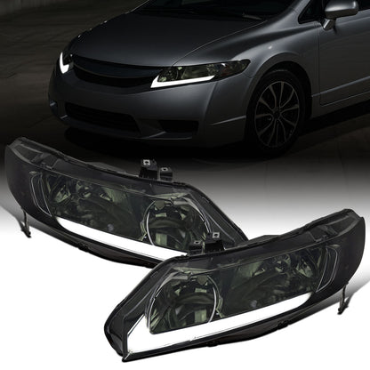 Ronnin - Fits 2006-2011 Honda Civic 4-Door Sedan LED Tube Running Lights Headlights Replacement Assembly Pair | Smoke