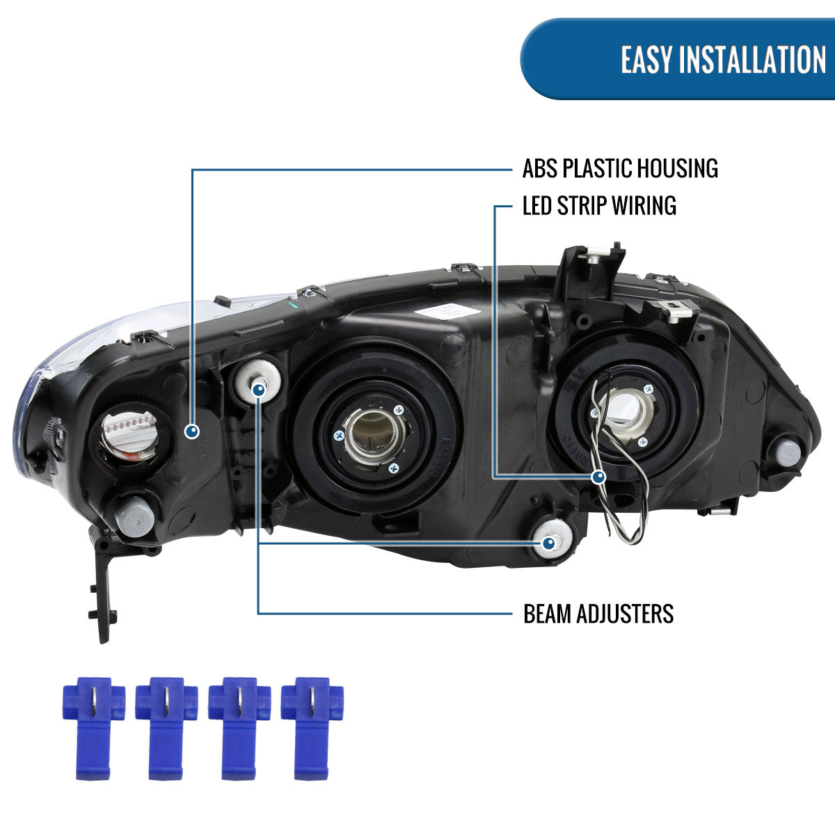 Ronnin - Fits 2006-2011 Honda Civic 4-Door Sedan LED Tube Running Lights Headlights Replacement Assembly Pair | Black