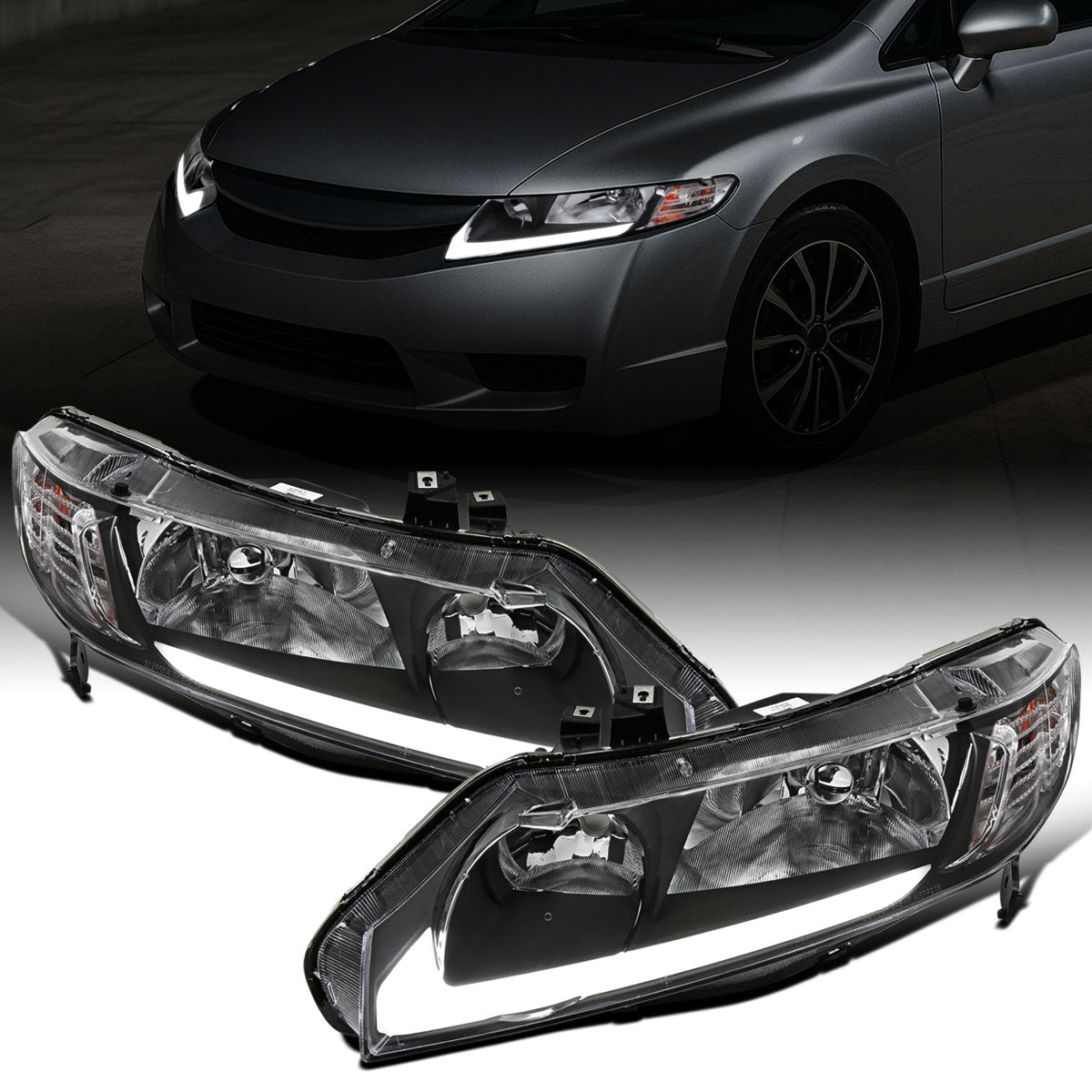 Ronnin - Fits 2006-2011 Honda Civic 4-Door Sedan LED Tube Running Lights Headlights Replacement Assembly Pair | Black