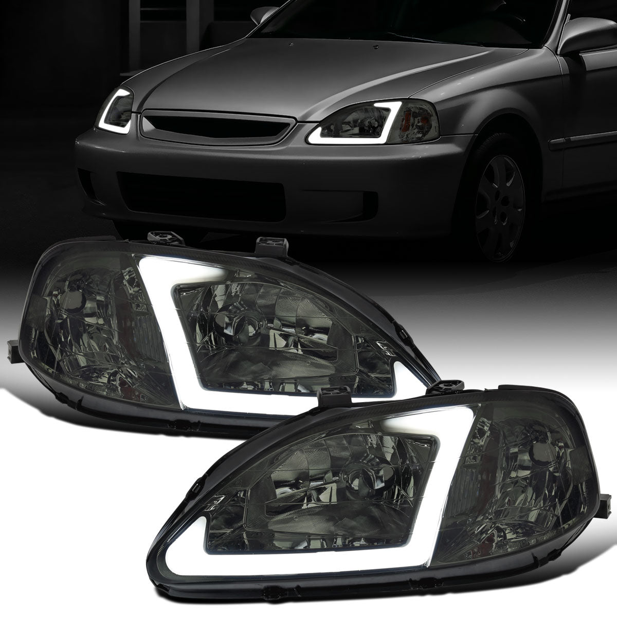 Ronnin - Fits 1999-2000 Honda Civic Upgraded LED Tube Running Lights Headlights Replacement Assembly Pair | Smoke