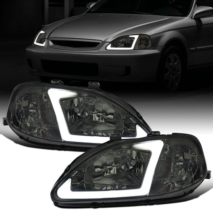 Ronnin - Fits 1999-2000 Honda Civic Upgraded LED Tube Running Lights Headlights Replacement Assembly Pair | Smoke