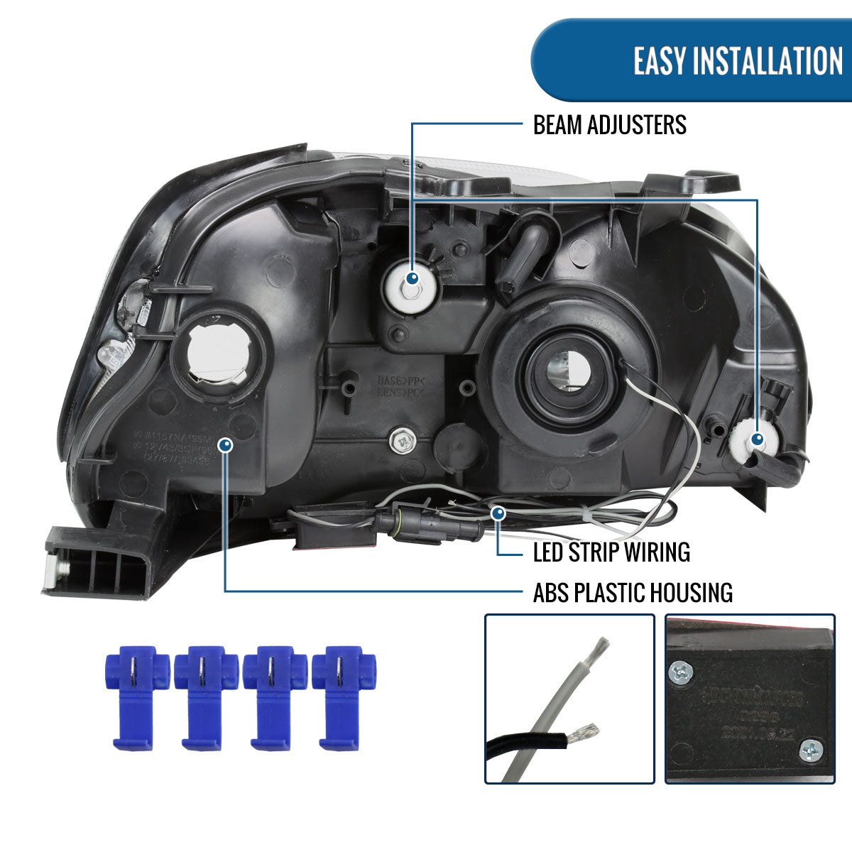 Ronnin - Fits 1999-2000 Honda Civic Upgraded LED Tube Running Lights Headlights Replacement Assembly Pair | Black
