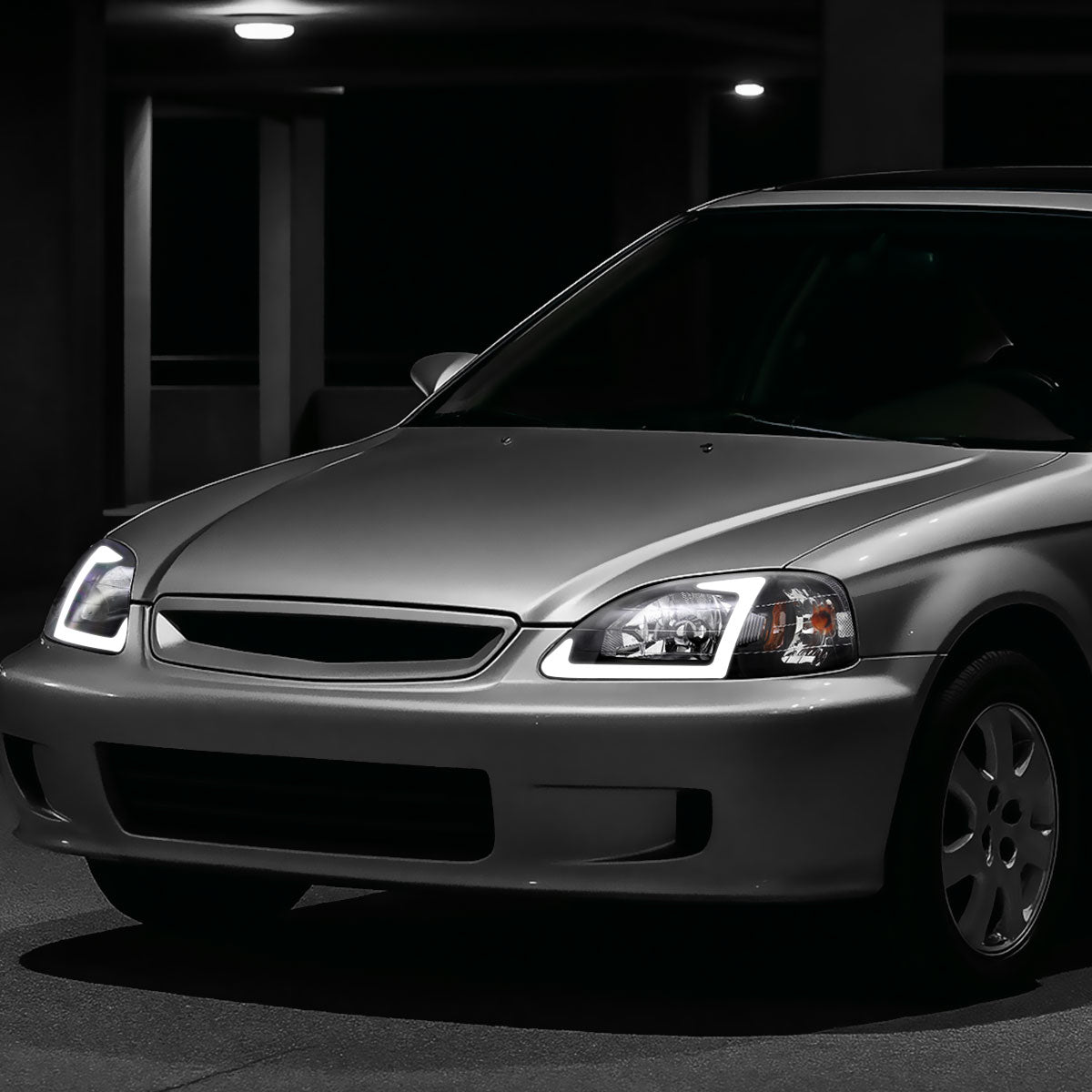 Ronnin - Fits 1999-2000 Honda Civic Upgraded LED Tube Running Lights Headlights Replacement Assembly Pair | Black