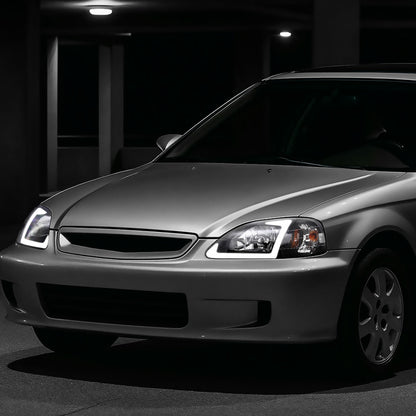 Ronnin - Fits 1999-2000 Honda Civic Upgraded LED Tube Running Lights Headlights Replacement Assembly Pair | Black