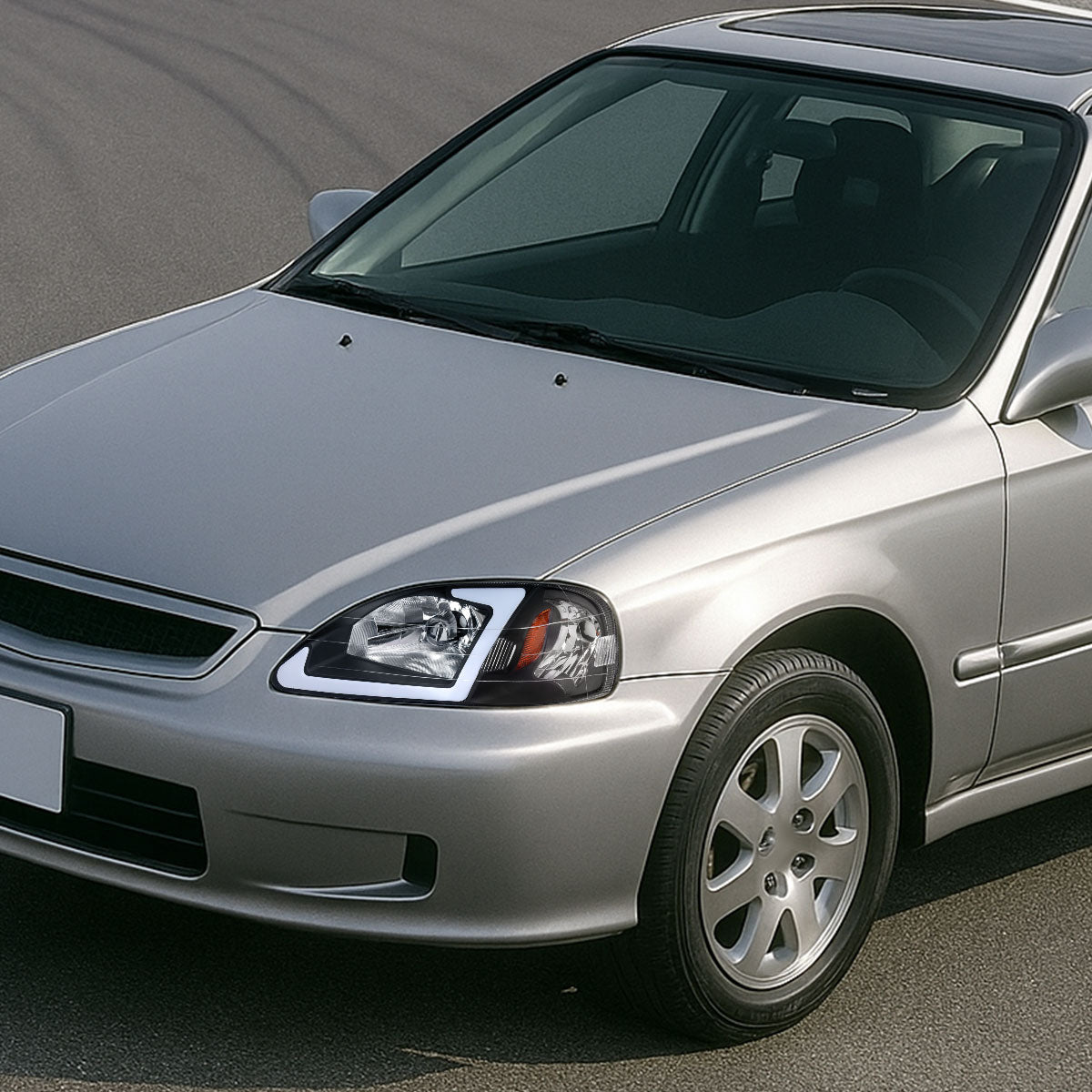 Ronnin - Fits 1999-2000 Honda Civic Upgraded LED Tube Running Lights Headlights Replacement Assembly Pair | Black