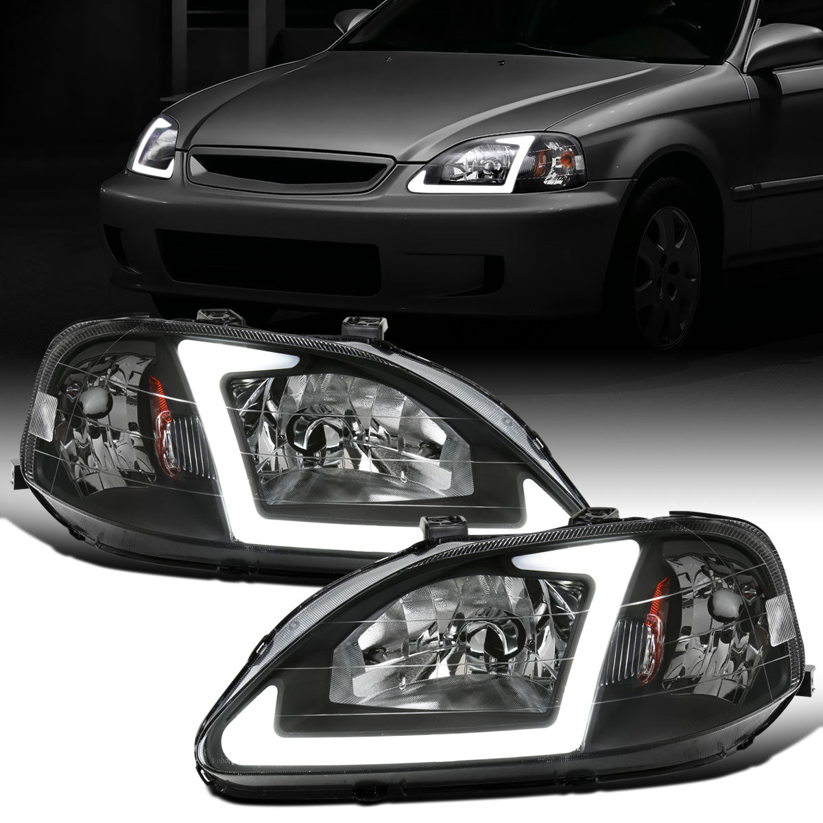 Ronnin - Fits 1999-2000 Honda Civic Upgraded LED Tube Running Lights Headlights Replacement Assembly Pair | Black