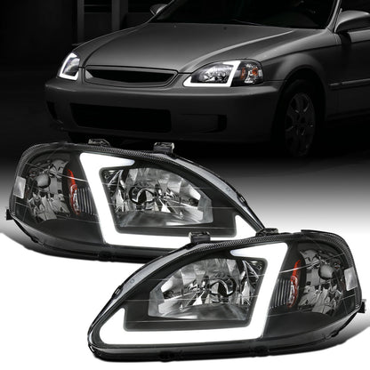 Ronnin - Fits 1999-2000 Honda Civic Upgraded LED Tube Running Lights Headlights Replacement Assembly Pair | Black