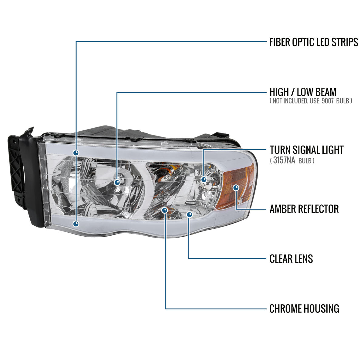 Ronnin - Compatible con Dodge Ram 1500 2500 3500 2002-2005, conjunto de faros delanteros con luces de circulación diurna LED de tubo mejoradas, par de repuesto | Cromado