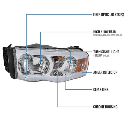 Ronnin - Compatible con Dodge Ram 1500 2500 3500 2002-2005, conjunto de faros delanteros con luces de circulación diurna LED de tubo mejoradas, par de repuesto | Cromado