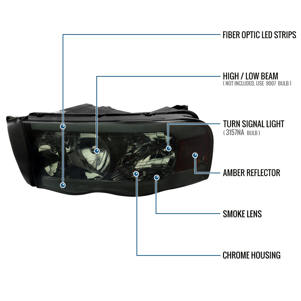 Ronnin - Compatible con Dodge Ram 1500 2500 3500 2002-2005, conjunto de reemplazo de faros delanteros con luces de circulación diurna LED tipo tubo mejoradas | Ahumado