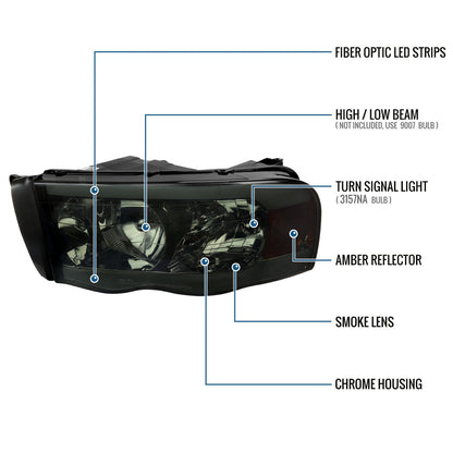 Ronnin - Compatible con Dodge Ram 1500 2500 3500 2002-2005, conjunto de reemplazo de faros delanteros con luces de circulación diurna LED tipo tubo mejoradas | Ahumado