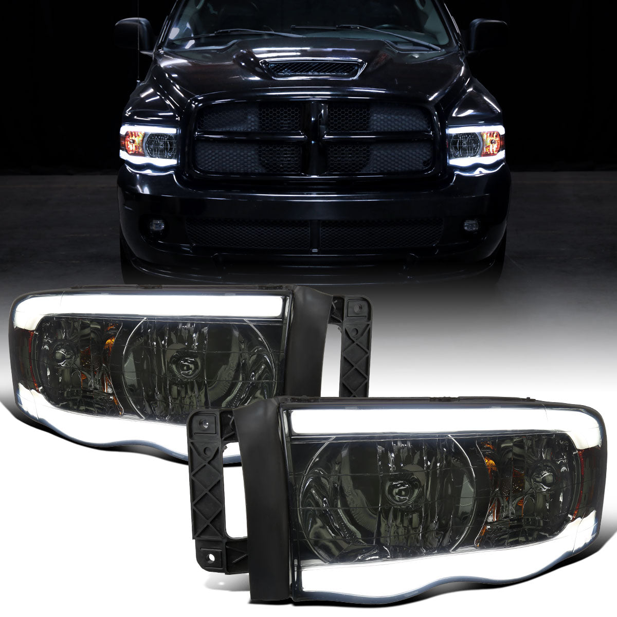 Ronnin - Compatible con Dodge Ram 1500 2500 3500 2002-2005, conjunto de reemplazo de faros delanteros con luces de circulación diurna LED tipo tubo mejoradas | Ahumado