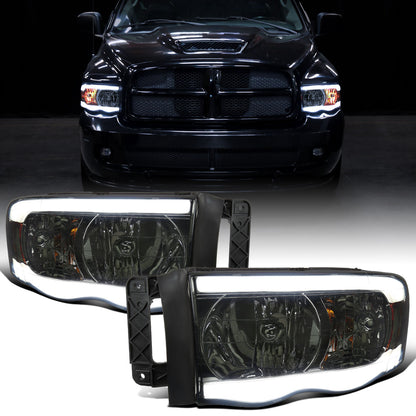 Ronnin - Compatible con Dodge Ram 1500 2500 3500 2002-2005, conjunto de reemplazo de faros delanteros con luces de circulación diurna LED tipo tubo mejoradas | Ahumado