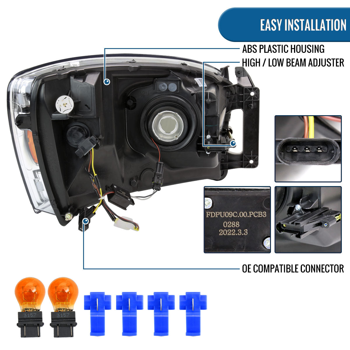 Ronnin - Fits 2006-2009 Dodge Ram 1500 2500 3500 Upgraded LED Tube Running Lights Headlights Replacement Assembly Pair | Chrome