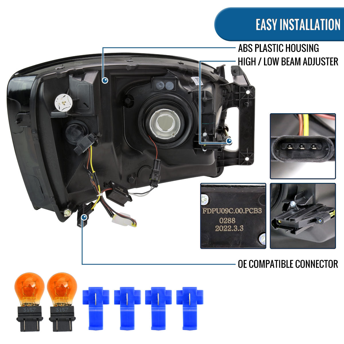 Ronnin - Fits 2006-2009 Dodge Ram 1500 2500 3500 Upgraded LED Tube Running Lights Headlights Replacement Assembly Pair | Smoke