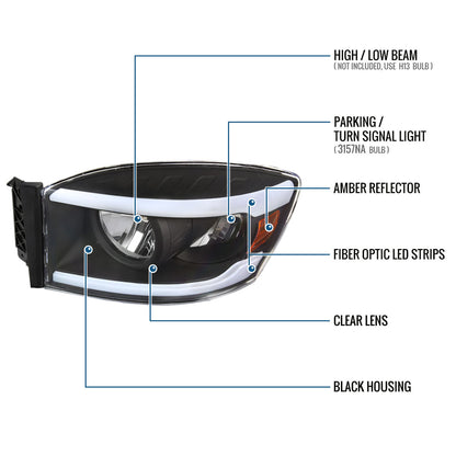 Ronnin - Fits 2006-2009 Dodge Ram 1500 2500 3500 Upgraded LED Tube Running Lights Headlights Replacement Assembly Pair | Black