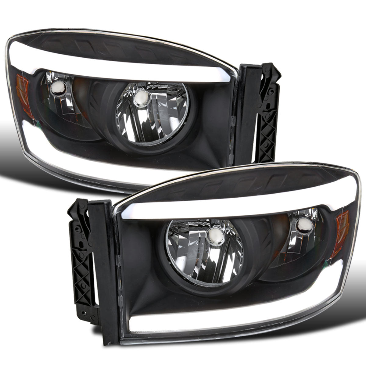 Ronnin - Fits 2006-2009 Dodge Ram 1500 2500 3500 Upgraded LED Tube Running Lights Headlights Replacement Assembly Pair | Black