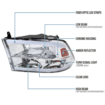 Ronnin - Fits 2009-2018 Ram 1500 2500 3500 2019-2024 Ram 1500 Classic Factory Replacement Upgraded LED Running Lights Headlights Assembly Pair | Chrome
