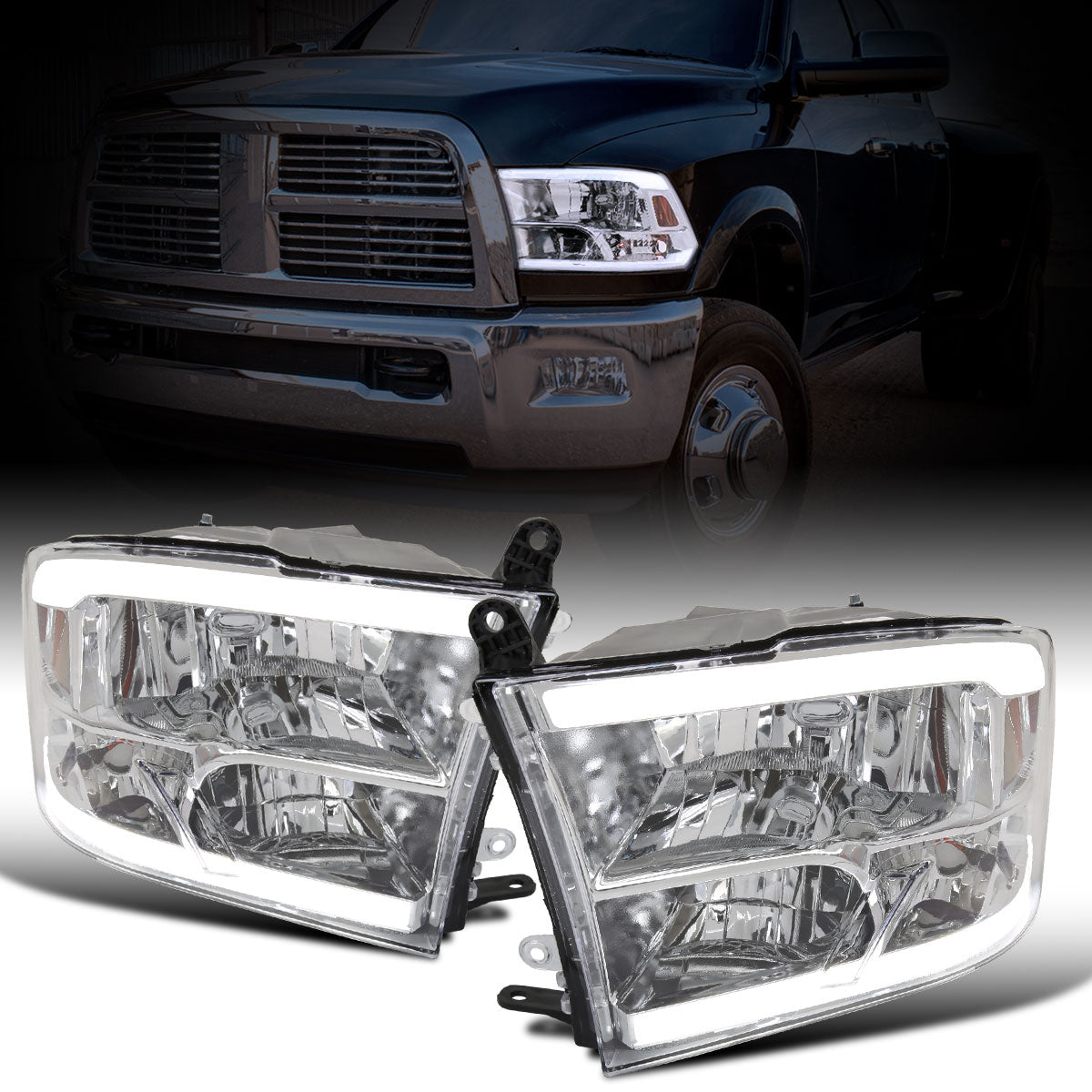 Ronnin - Fits 2009-2018 Ram 1500 2500 3500 2019-2024 Ram 1500 Classic Factory Replacement Upgraded LED Running Lights Headlights Assembly Pair | Chrome