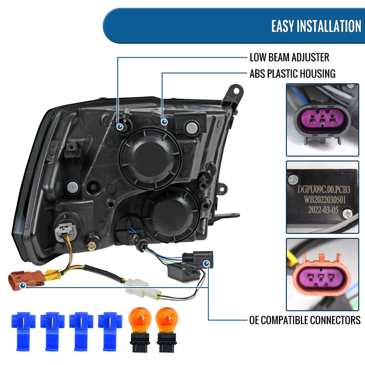 Ronnin - Fits 2009-2018 Ram 1500 2500 3500 2019-2024 Ram 1500 Classic Factory Replacement Upgraded LED Running Lights Headlights Assembly Pair | Smoke