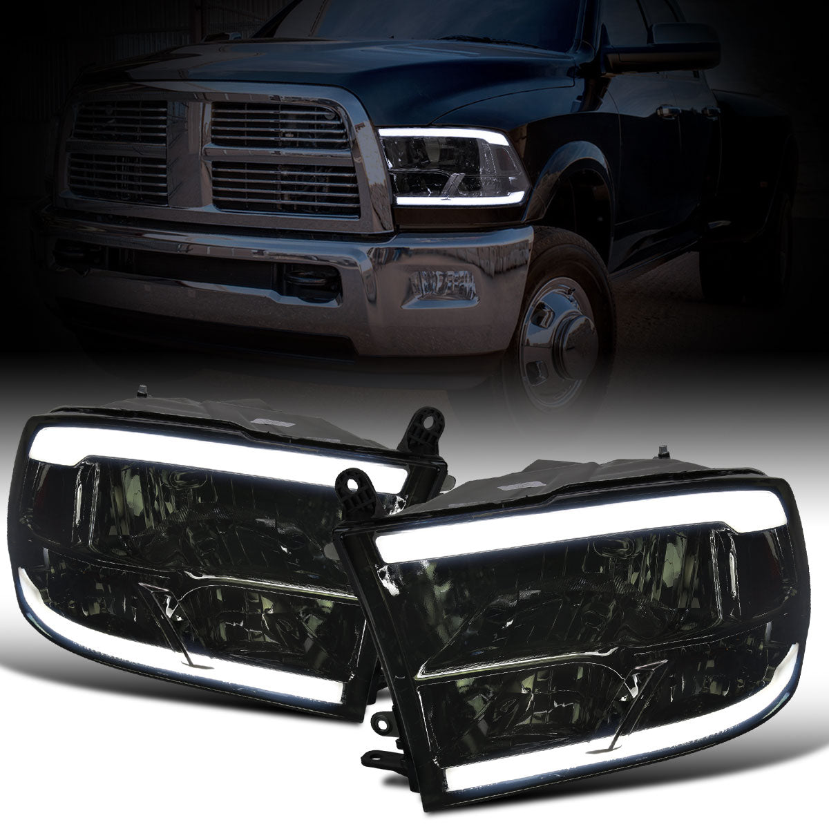Ronnin - Fits 2009-2018 Ram 1500 2500 3500 2019-2024 Ram 1500 Classic Factory Replacement Upgraded LED Running Lights Headlights Assembly Pair | Smoke