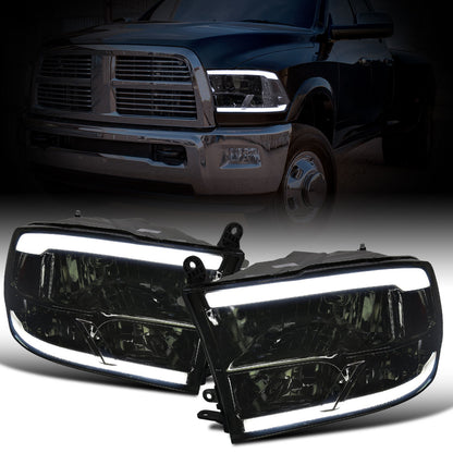Ronnin - Fits 2009-2018 Ram 1500 2500 3500 2019-2024 Ram 1500 Classic Factory Replacement Upgraded LED Running Lights Headlights Assembly Pair | Smoke