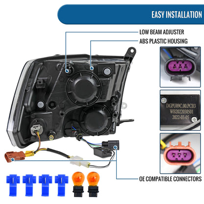 Ronnin - Fits 2009-2018 Ram 1500 2500 3500 2019-2024 Ram 1500 Classic Factory Replacement Upgraded LED Running Lights Headlights Assembly Pair | Black