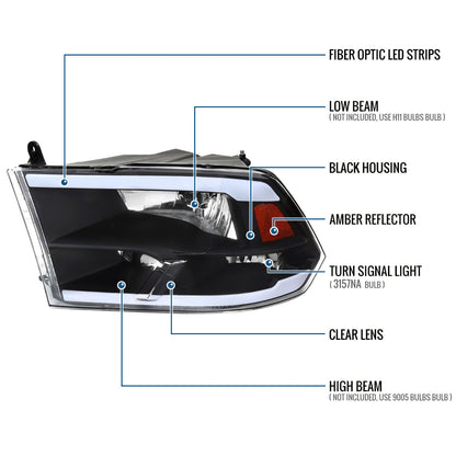 Ronnin - Fits 2009-2018 Ram 1500 2500 3500 2019-2024 Ram 1500 Classic Factory Replacement Upgraded LED Running Lights Headlights Assembly Pair | Black