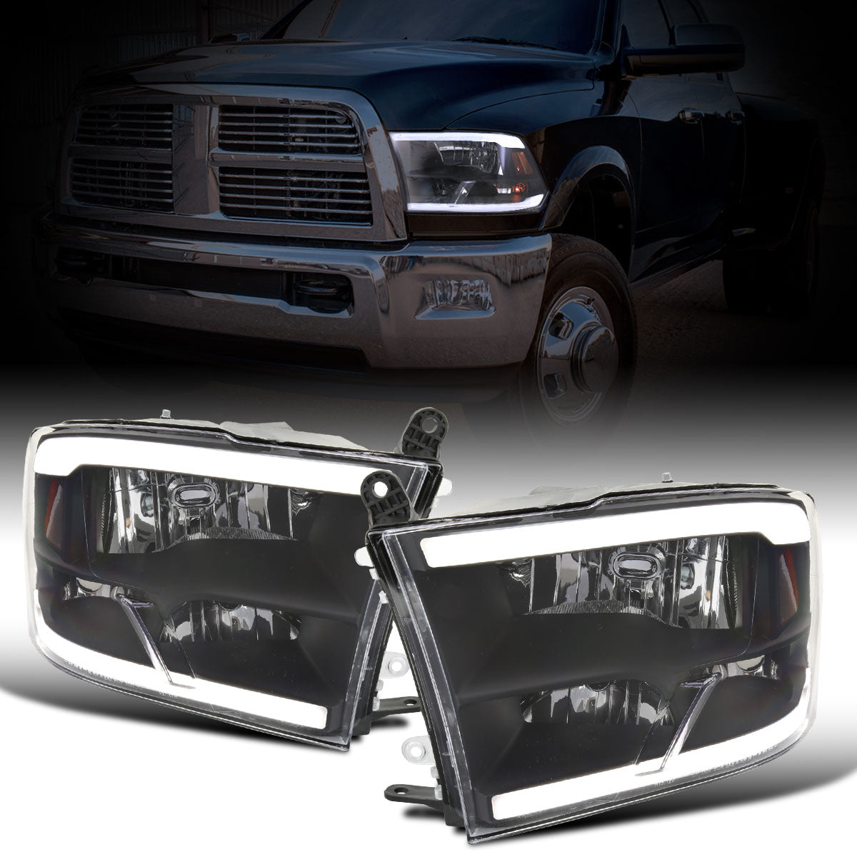 Ronnin - Fits 2009-2018 Ram 1500 2500 3500 2019-2024 Ram 1500 Classic Factory Replacement Upgraded LED Running Lights Headlights Assembly Pair | Black
