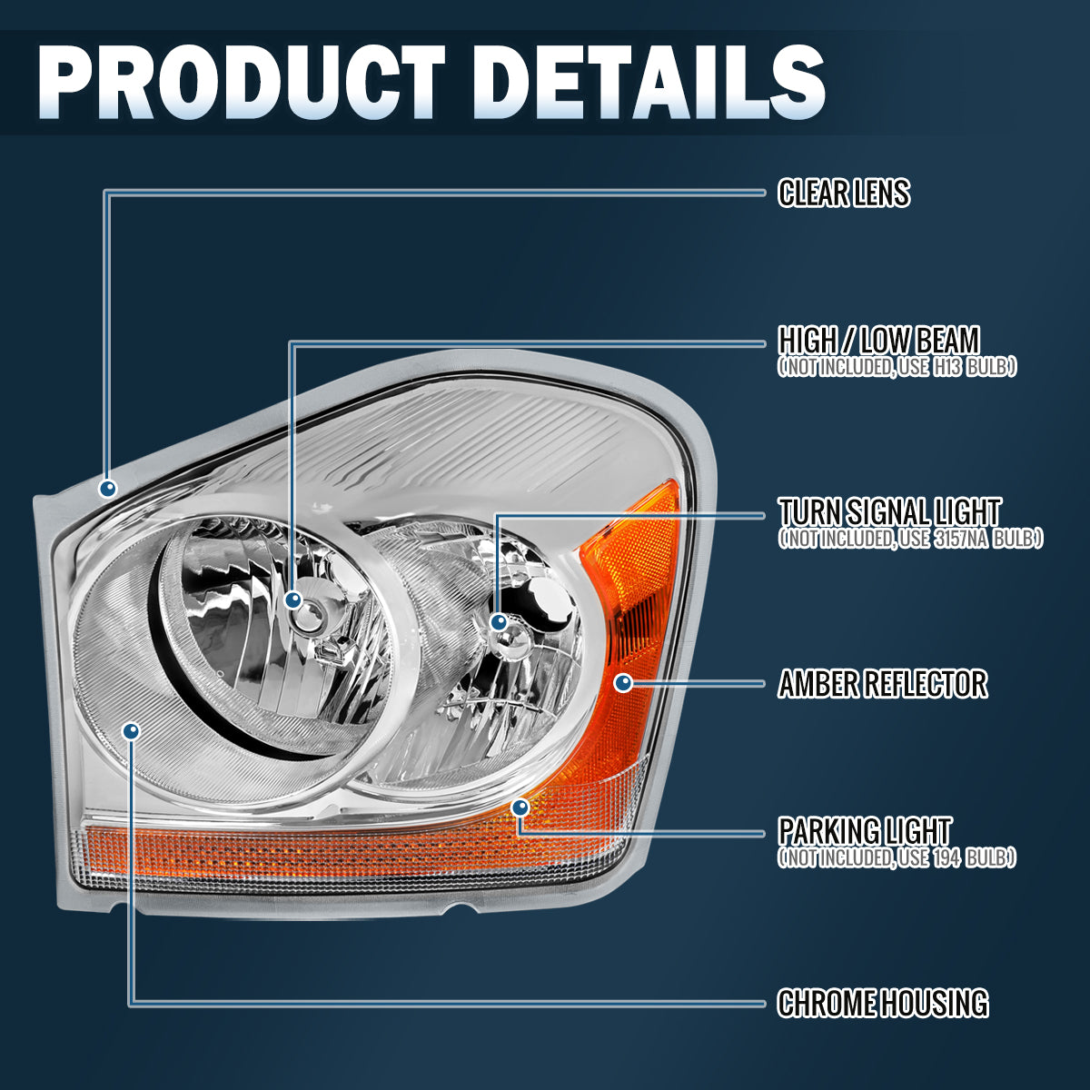 Ronnin - Faros delanteros Dodge Durango 2004-2006 de repuesto (par) | Cromado