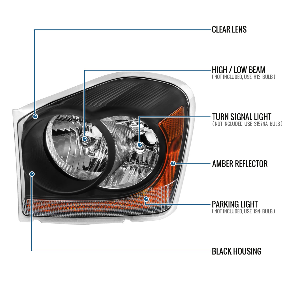 Ronnin - Fits 2004-2006 Dodge Durango Headlights Assembly Head Lamps Factory Replacement Pair | Black