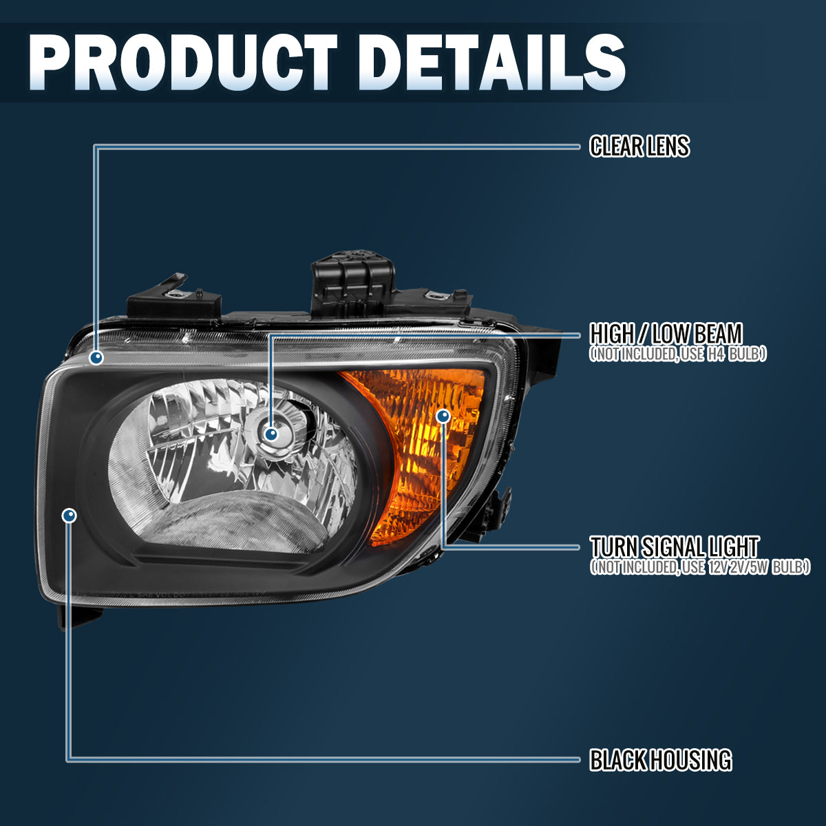Ronnin - Compatible con Honda Element 2003-2008 Par de faros delanteros de repuesto | Negro