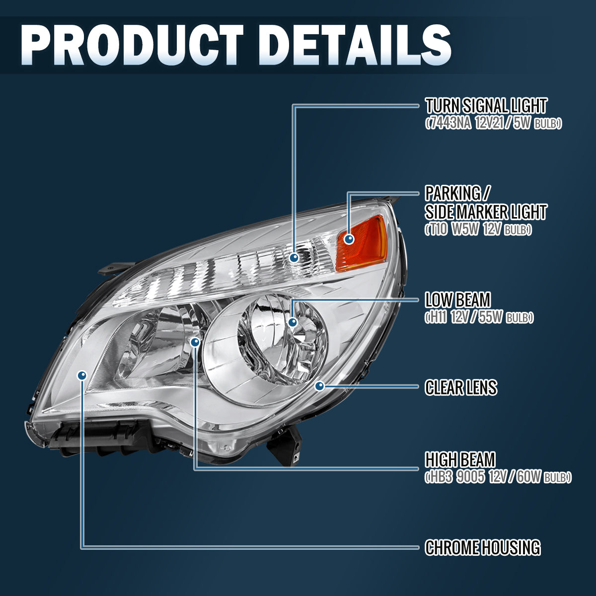 Ronnin - Compatible con Chevy Equinox LT LS 2010-2015 | Conjunto de faro delantero halógeno de repuesto | Cromado | Lado izquierdo del conductor