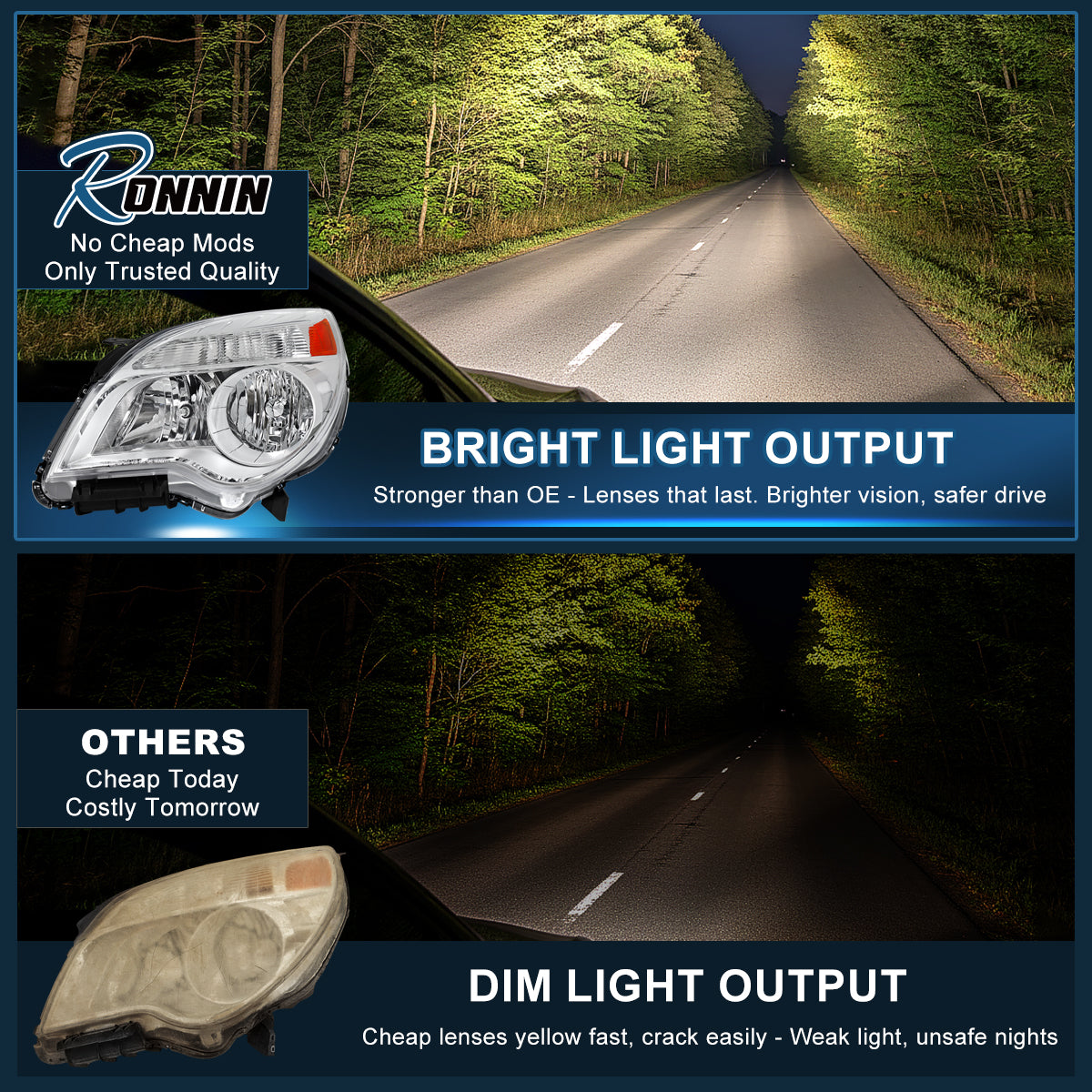 Ronnin - Compatible con Chevy Equinox LT LS 2010-2015 | Conjunto de faro delantero halógeno de repuesto | Cromado | Lado izquierdo del conductor