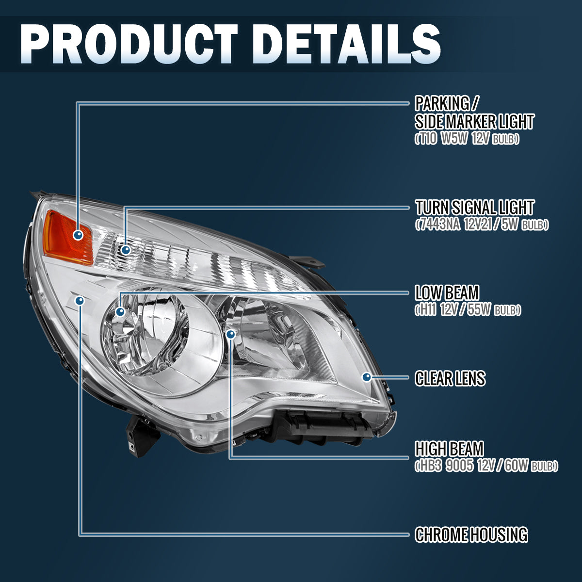 Ronnin - Compatible con Chevy Equinox LT LS 2010-2015 | Montaje de faros halógenos de repuesto | Cromado | Lado del pasajero derecho