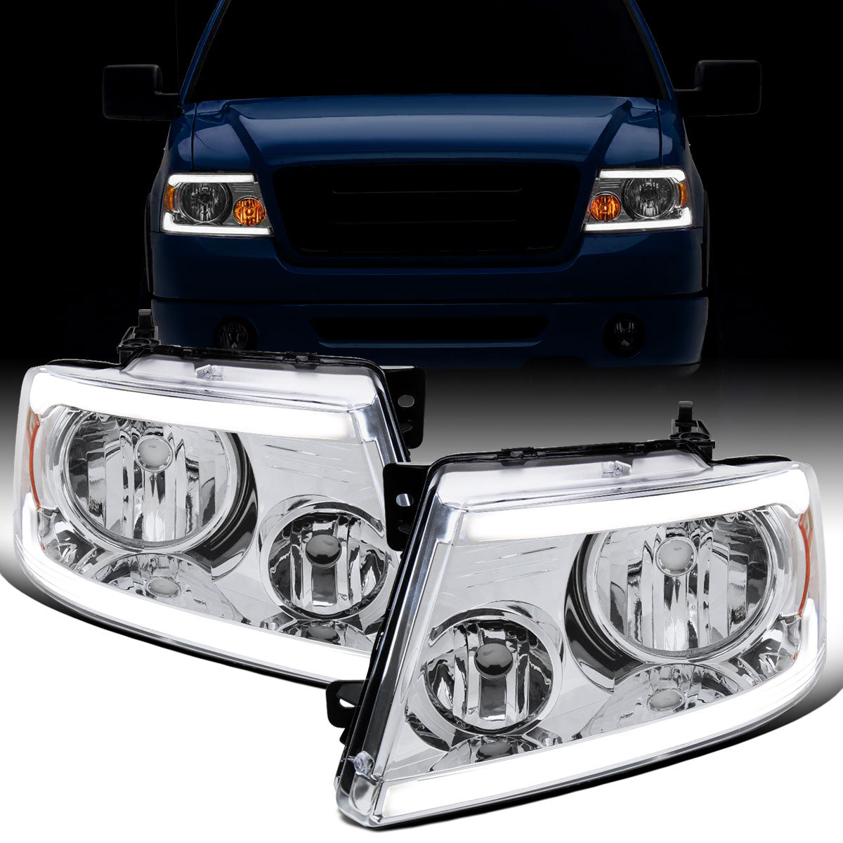 Ronnin - Fits 2004-2008 Ford F150 2006-2008 Lincoln Mark LT Headlights Assembly LED Tube Parking Lamps Replacement Pair | Chrome