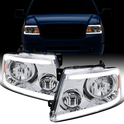 Ronnin - Fits 2004-2008 Ford F150 2006-2008 Lincoln Mark LT Headlights Assembly LED Tube Parking Lamps Replacement Pair | Chrome