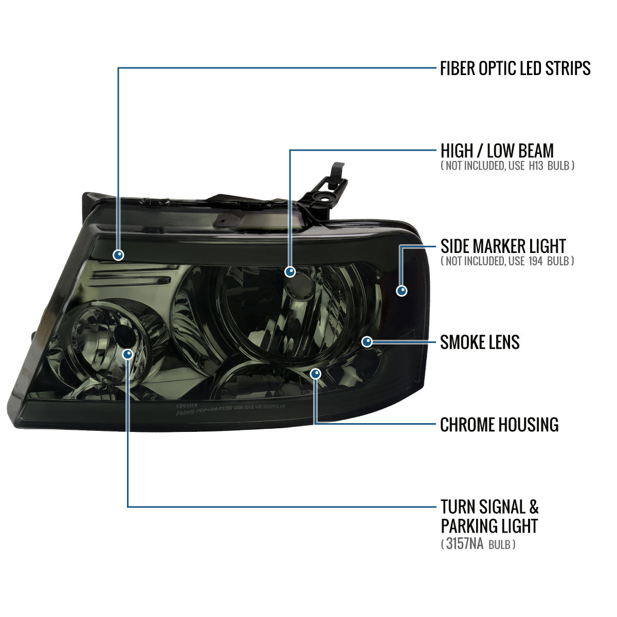 Ronnin - Fits 2004-2008 Ford F150 2006-2008 Lincoln Mark LT Headlights Assembly LED Tube Parking Lamps Replacement Pair | Smoke