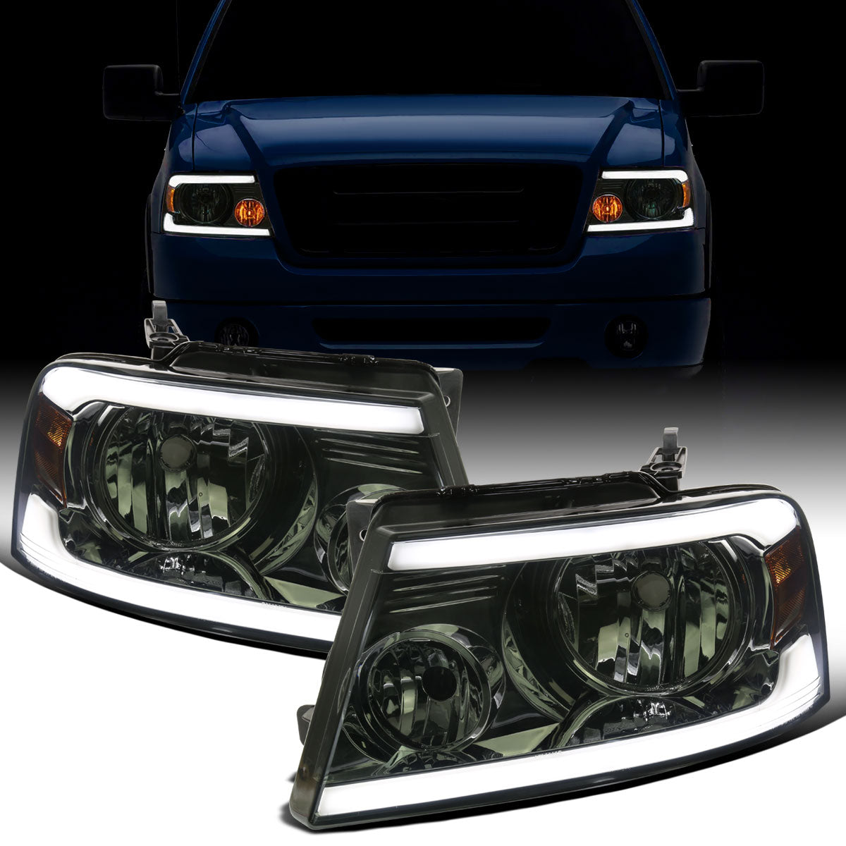 Ronnin - Fits 2004-2008 Ford F150 2006-2008 Lincoln Mark LT Headlights Assembly LED Tube Parking Lamps Replacement Pair | Smoke