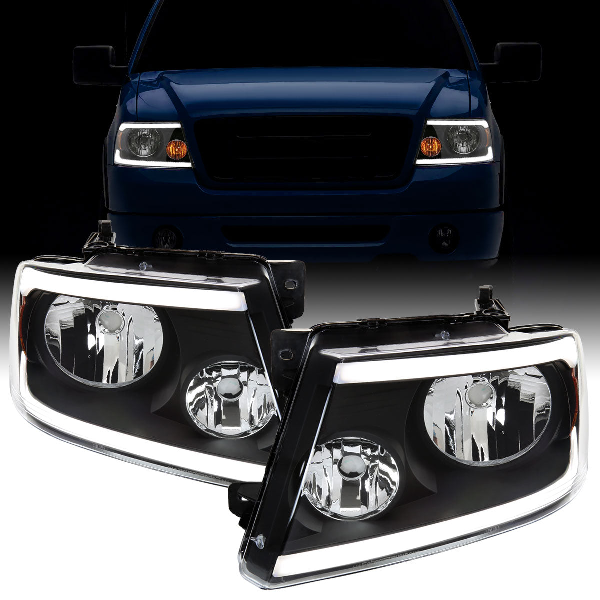 Ronnin - Fits 2004-2008 Ford F150 2006-2008 Lincoln Mark LT  Headlights Assembly LED Tube Parking Lamps Replacement Pair | Black