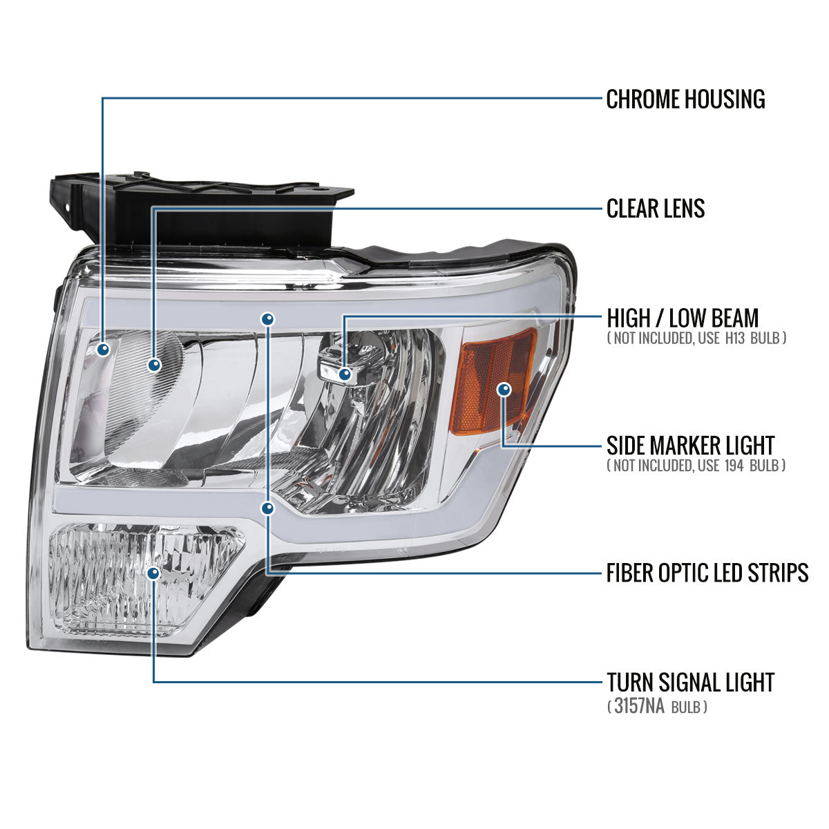 Ronnin - Fits 2009-2014 Ford F150 Upgraded LED Running Tube Lights Headlights Replacement Assembly Pair | Chrome