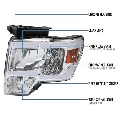 Ronnin - Fits 2009-2014 Ford F150 Upgraded LED Running Tube Lights Headlights Replacement Assembly Pair | Chrome
