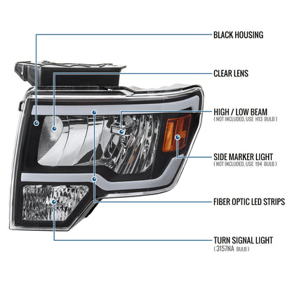 Ronnin - Fits 2009-2014 Ford F150 Upgraded LED Running Tube Lights Headlights Replacement Assembly Pair | Black