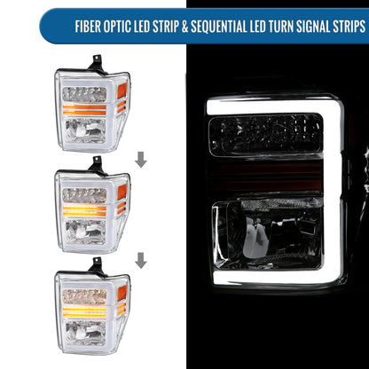 Ronnin - Fits 2008-2010 Ford F250 F350 F450 F550 Super Duty Pickup Halogen Headlights LED Sequential Turn Signal Tubes Assembly Pair | Chrome