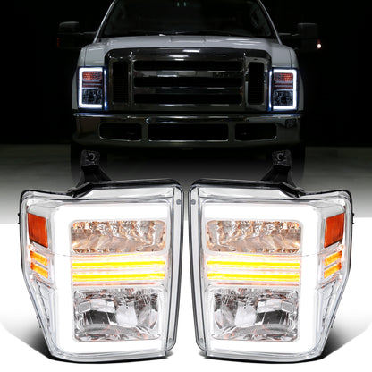 Ronnin - Fits 2008-2010 Ford F250 F350 F450 F550 Super Duty Pickup Halogen Headlights LED Sequential Turn Signal Tubes Assembly Pair | Chrome