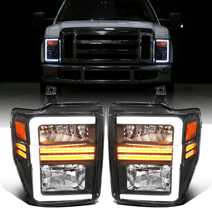Ronnin - Fits 2008-2010 Ford F250 F350 F450 F550 Super Duty Pickup Halogen Headlights LED Sequential Turn Signal Tubes Assembly Pair | Black