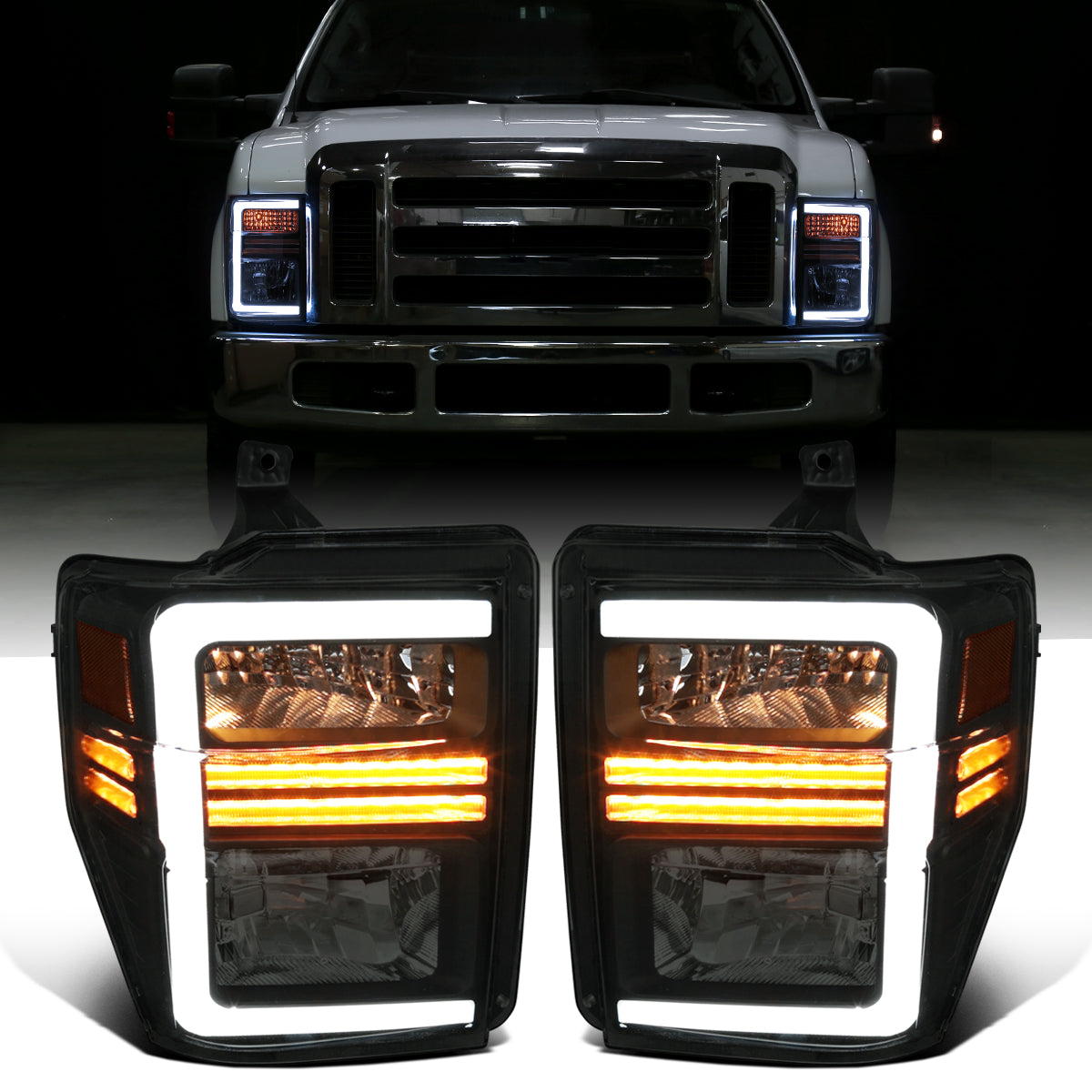 Ronnin - Fits 2008-2010 Ford F250 F350 F450 F550 Super Duty Pickup Halogen Headlights LED Sequential Turn Signal Tubes Assembly Pair | Black Smoke